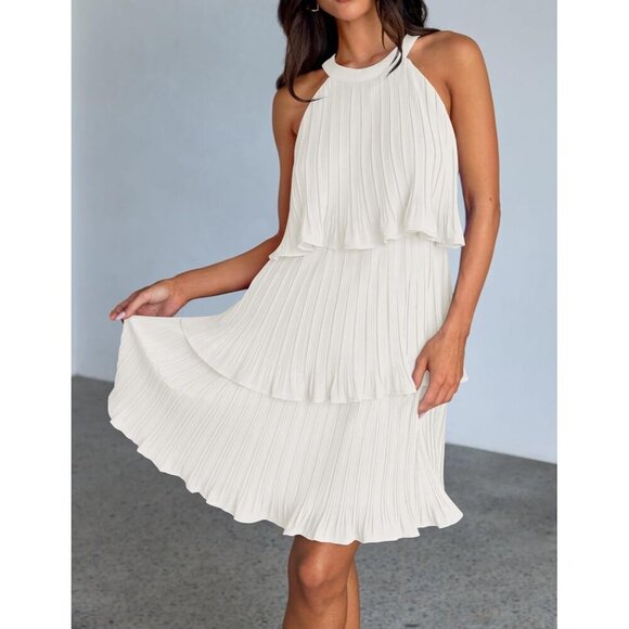 Women's Summer Halter Dress Sleeveless Ruffle Tiered Layered Chiffon Mini Dress - Picture 3 of 8